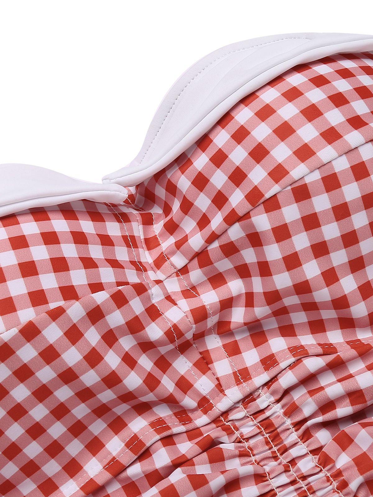 GINGHAM 1950S HALTER BOWKNOT ONE-PIECE WOMENSWEAR SWIMSUIT Swimoutfit Swimmingsuits