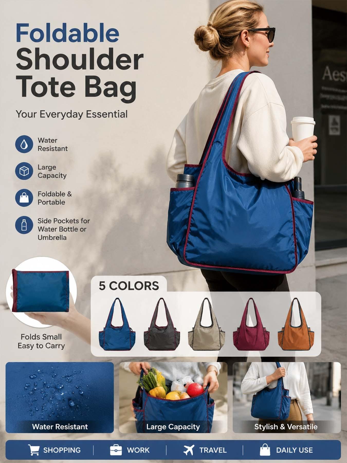 Foldable Nylon Tote Bag with Dual Pockets, Waterproof Soft Shoulder Bag for Women, Lightweight Shopping Bag, Large Capacity Daily Use, Multiple Colors Available