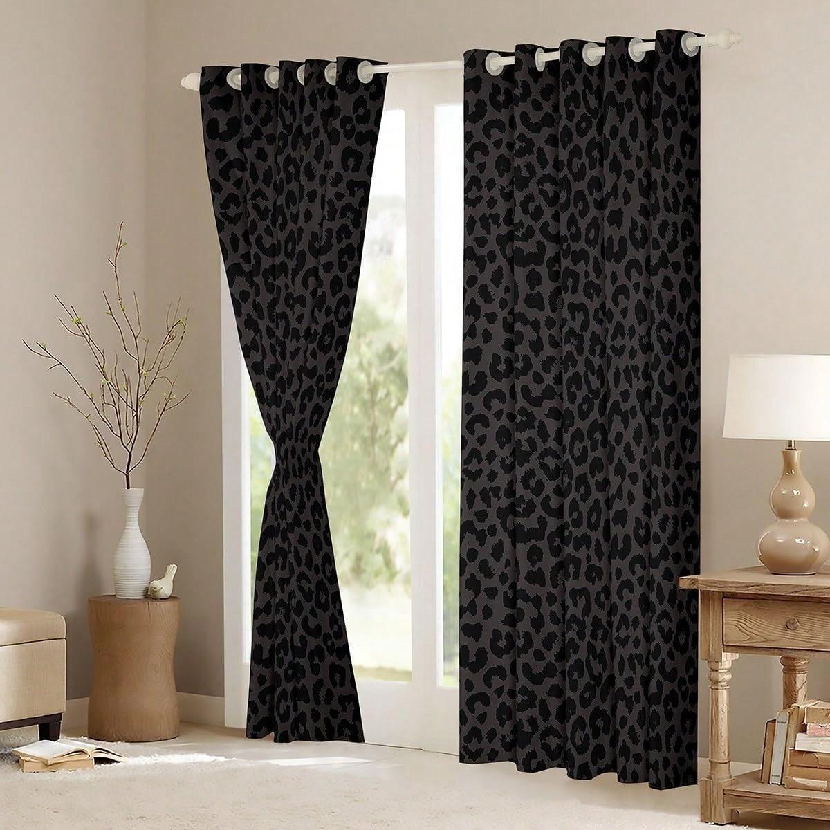 2 pieces of stylish black leopard print curtains with punched holes, made of semi-transparent polyester fabric, suitable for window decoration in home living rooms, bedrooms, balconies, kitchens, studies, and bathrooms, easy to clean.