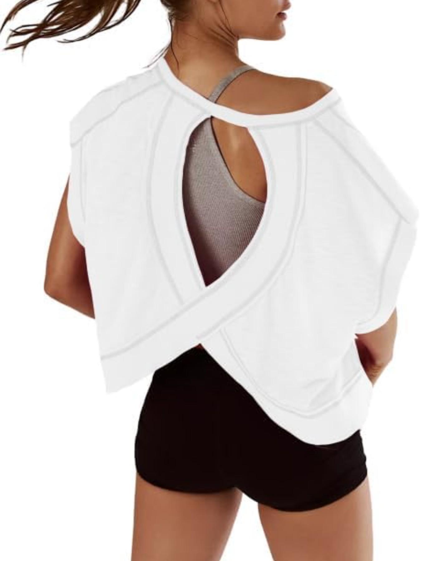 Women's Sporty Hoodie Round Neck Loose Fit Casual Sports T-Shirt, Gym Yoga Tops, Backless Hollow Design, Pure Color Skin-Friendly Yoga Wear