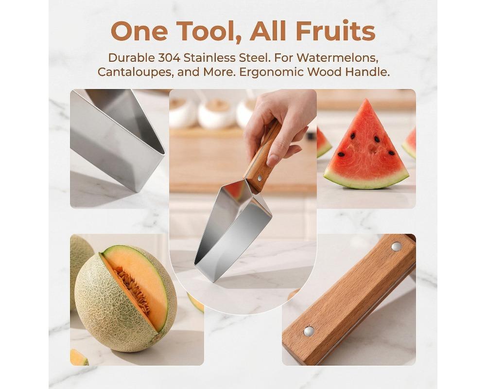 1/2pcs Stainless Steel Watermelon Slicer and Cutter Manual Fruit Cubing Tool with Ergonomic Wood Handle Portable Melon Scooper for Home and Travel Durable Kitchen Gadget for Uniform Slicing Practical Fruit Prep Assistant