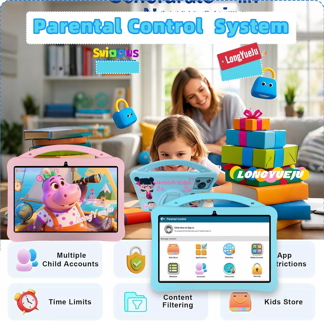 10.1-inch Android tablet, best-selling style, equipped with multiple smart applications, IWAWA educational software includes knowledge from multiple fields, with parental control function, no adapter, blue/pink, suitable as a holiday gift