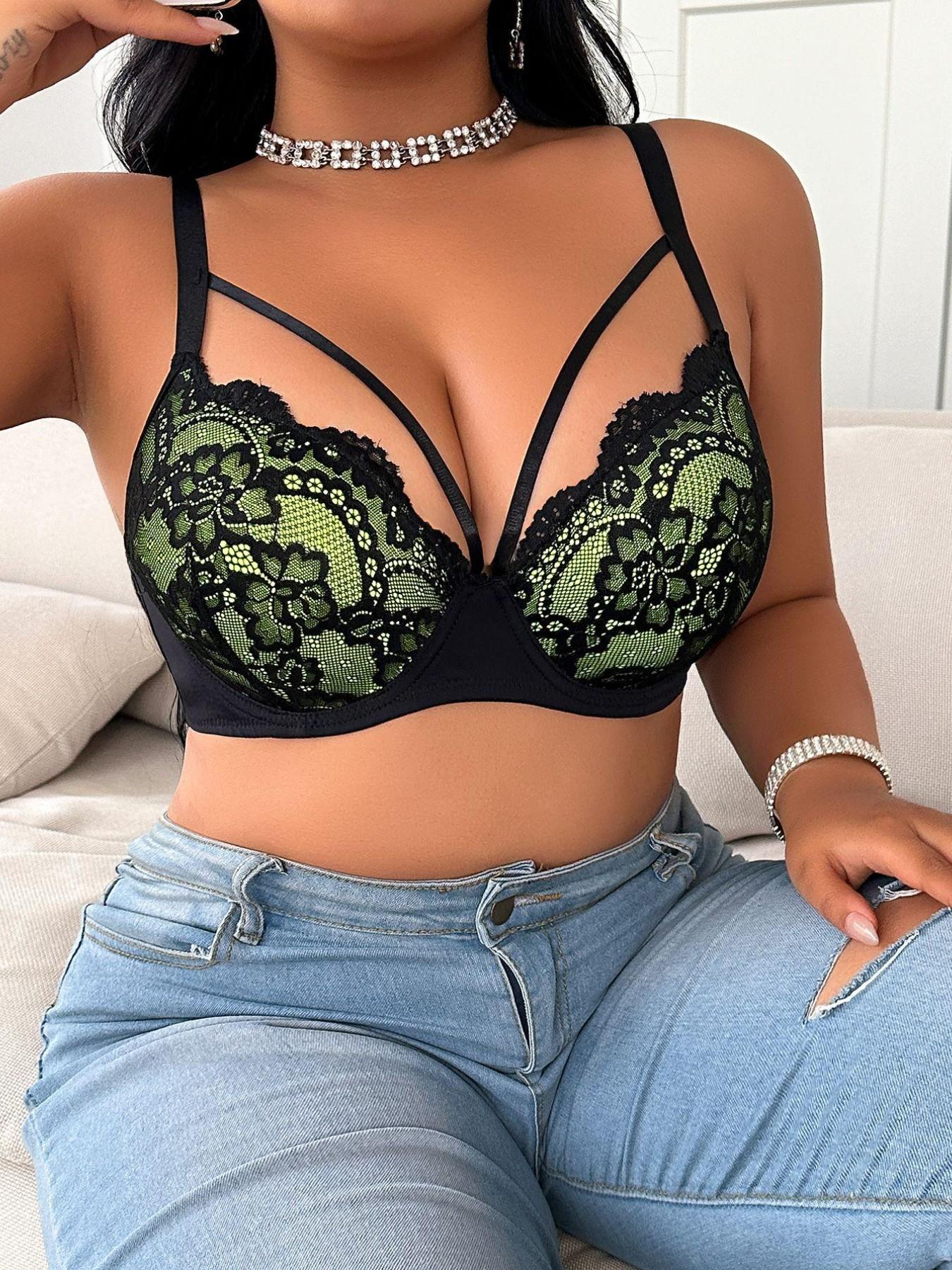 Best-Selling Plus-Size Women's Bra — Single Item: Green Contrast Lace Underwire Lingerie with Crossover Straps; Floral Lace Push-Up Bra Offering Lift and Support — Suitable for Daily Wear or Parties