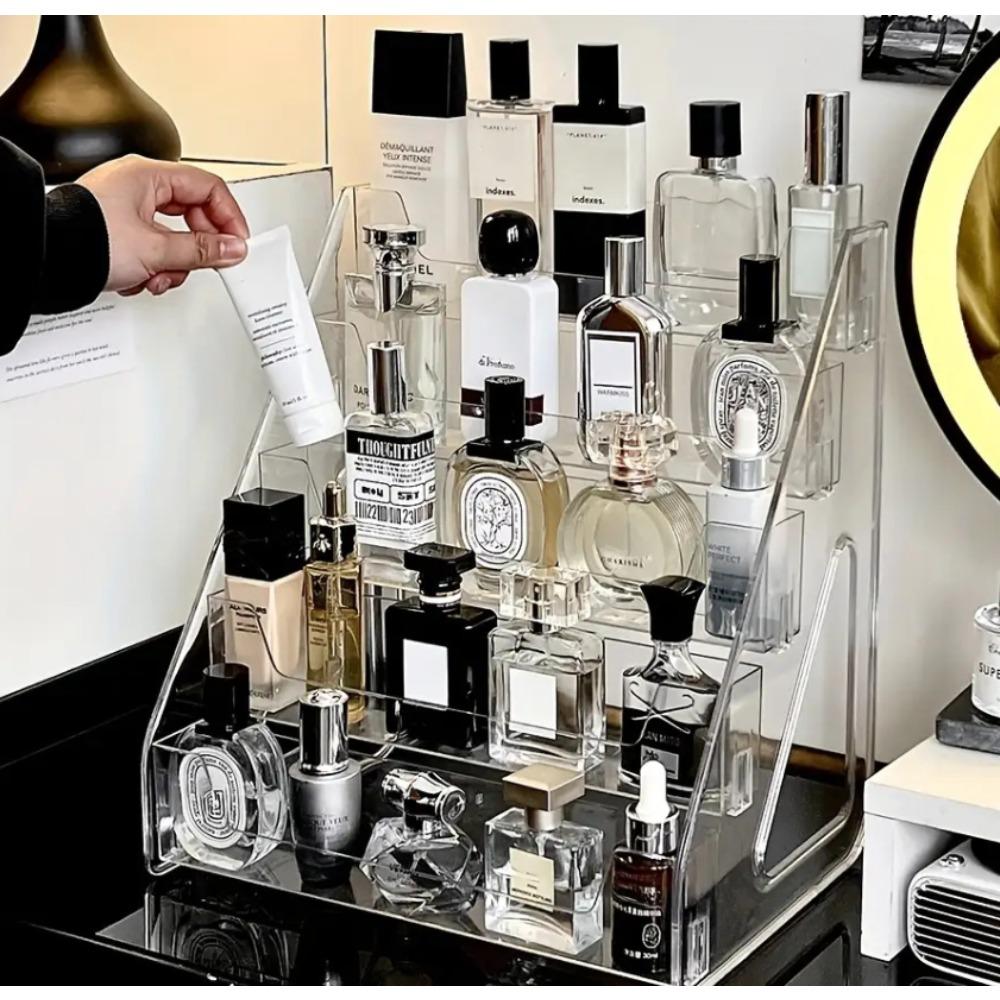 Transparent multi-layer perfume storage box, transparent layered storage rack for cosmetics and skin care products, compact countertop display rack, suitable for use on dressing tables, perfume storage rack, fashionable design, durable structure