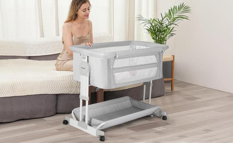 Cowiewie Bassinet Bedside Sleeper, Rocking Bassinet for Baby with 4 Wheels & 7 Adjustable Height, 360° All-Round Breathable Mesh Sides Bedside Crib, 2025 New