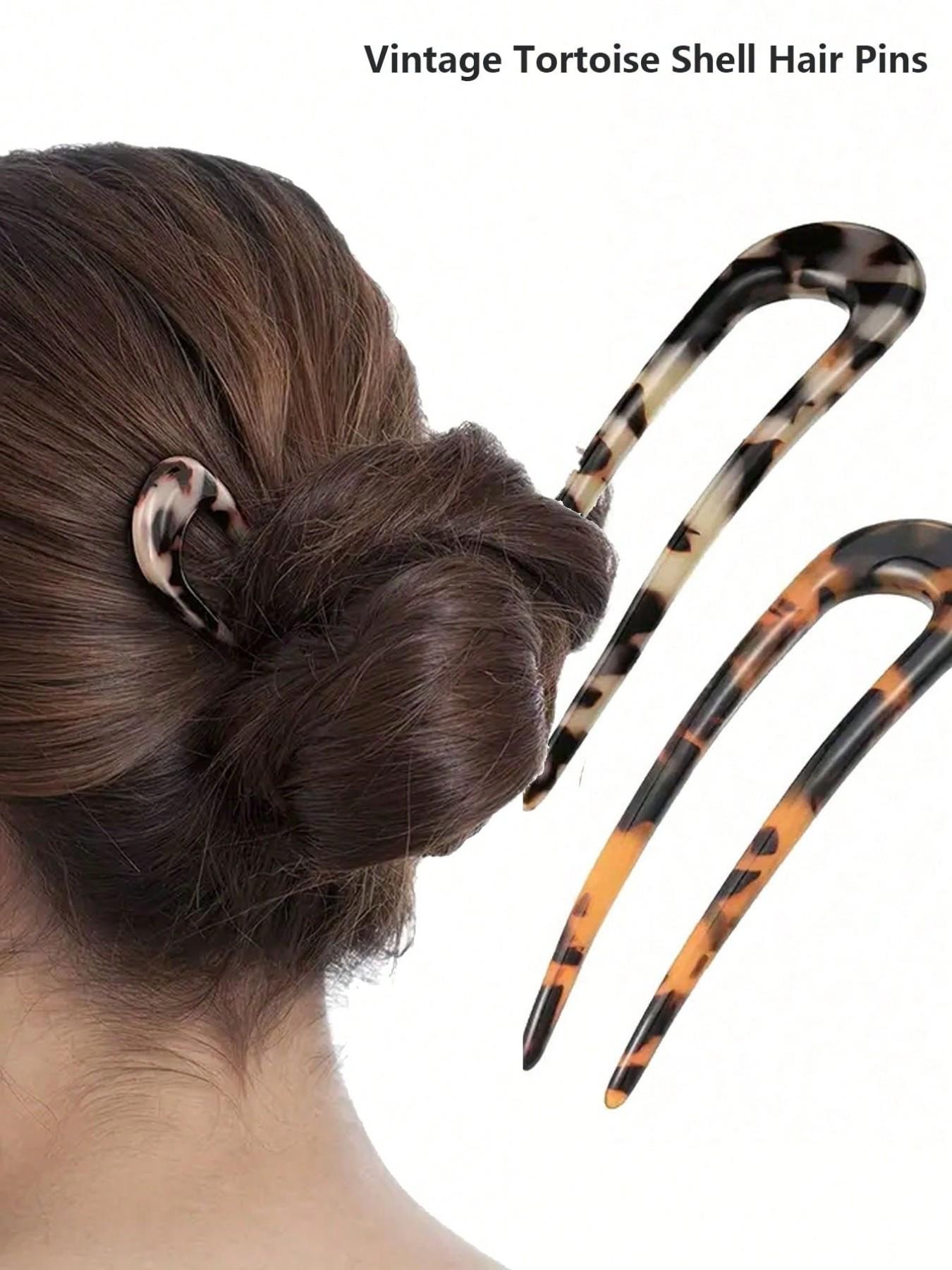 French Vintage Tortoise Shell Hair Pins - Cellulose Acetate U-Shaped 2-Prong Updo Chignon Clips for Women & s, Elegant Hairstyle Accessories, Vintage Hair Accessories, Natural Iridescent Finish