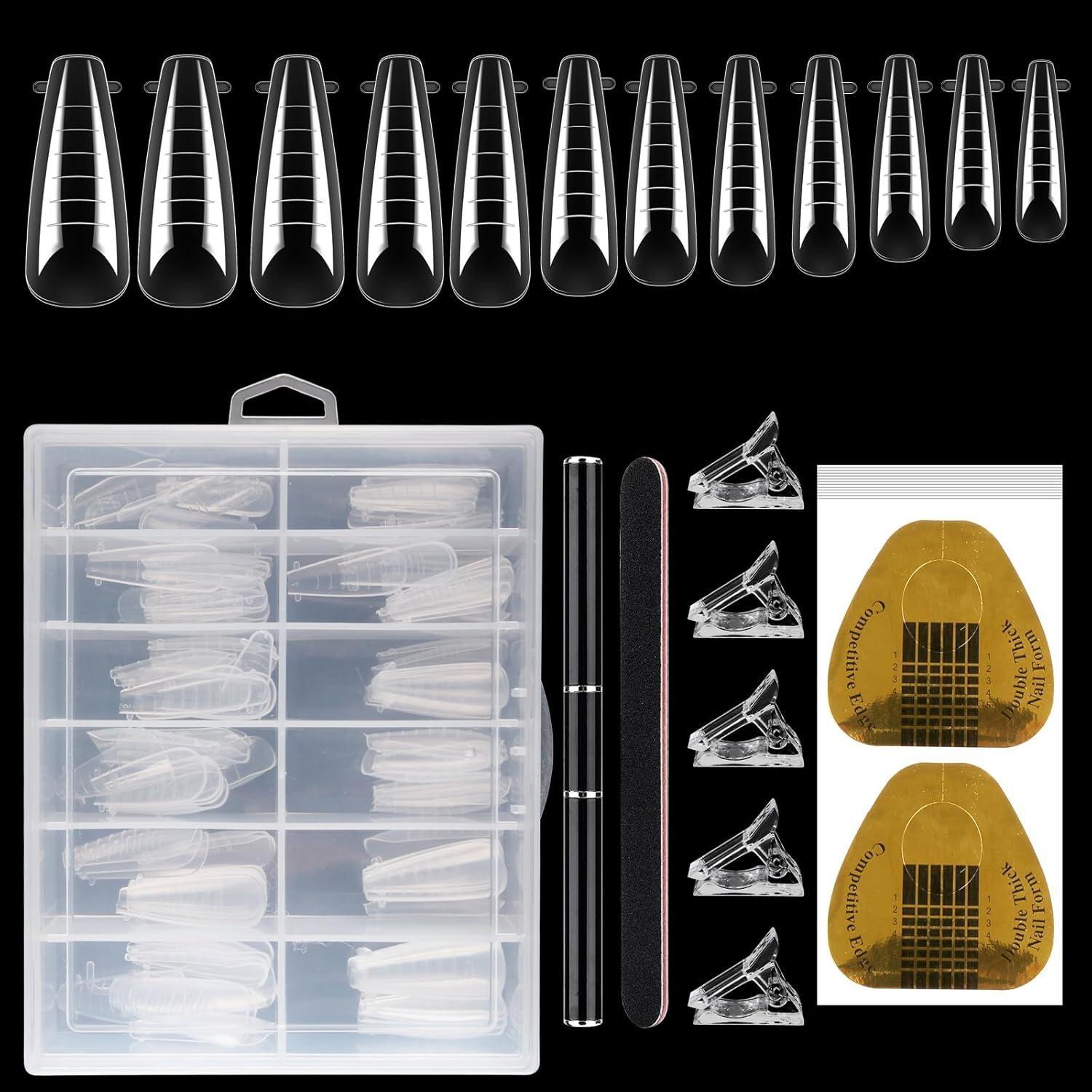Nail Extension Mold Kit with Scale Nail Tips, Crystal Clips, Square Nail Forms, UV Gel Brush, Cuticle Pusher, Nail File, DIY & Salon Use
