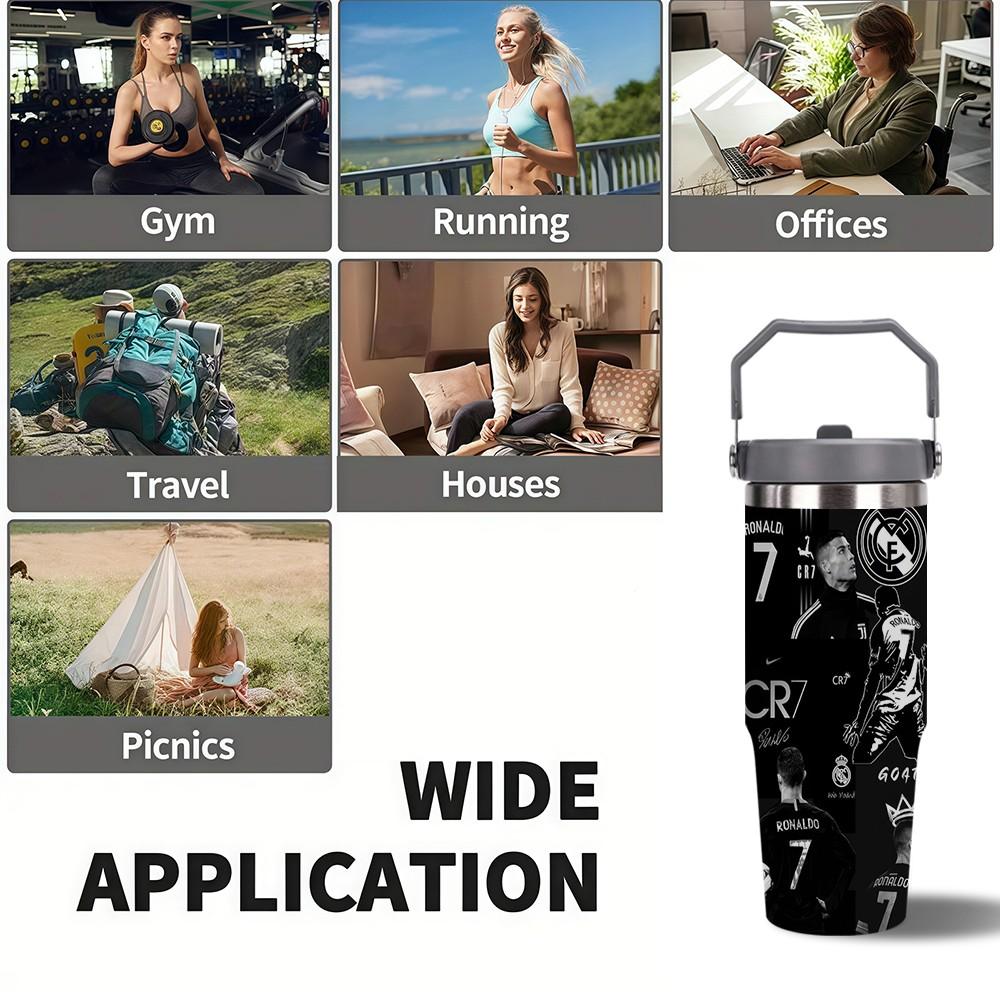 1pc C Ronaldo Print Insulated Travel Mug Tumbler, Long-Lasting Heat and Cold Retention, Stainless Steel Thermal Reusable Cup, Ideal for Fishing, Camping, Office