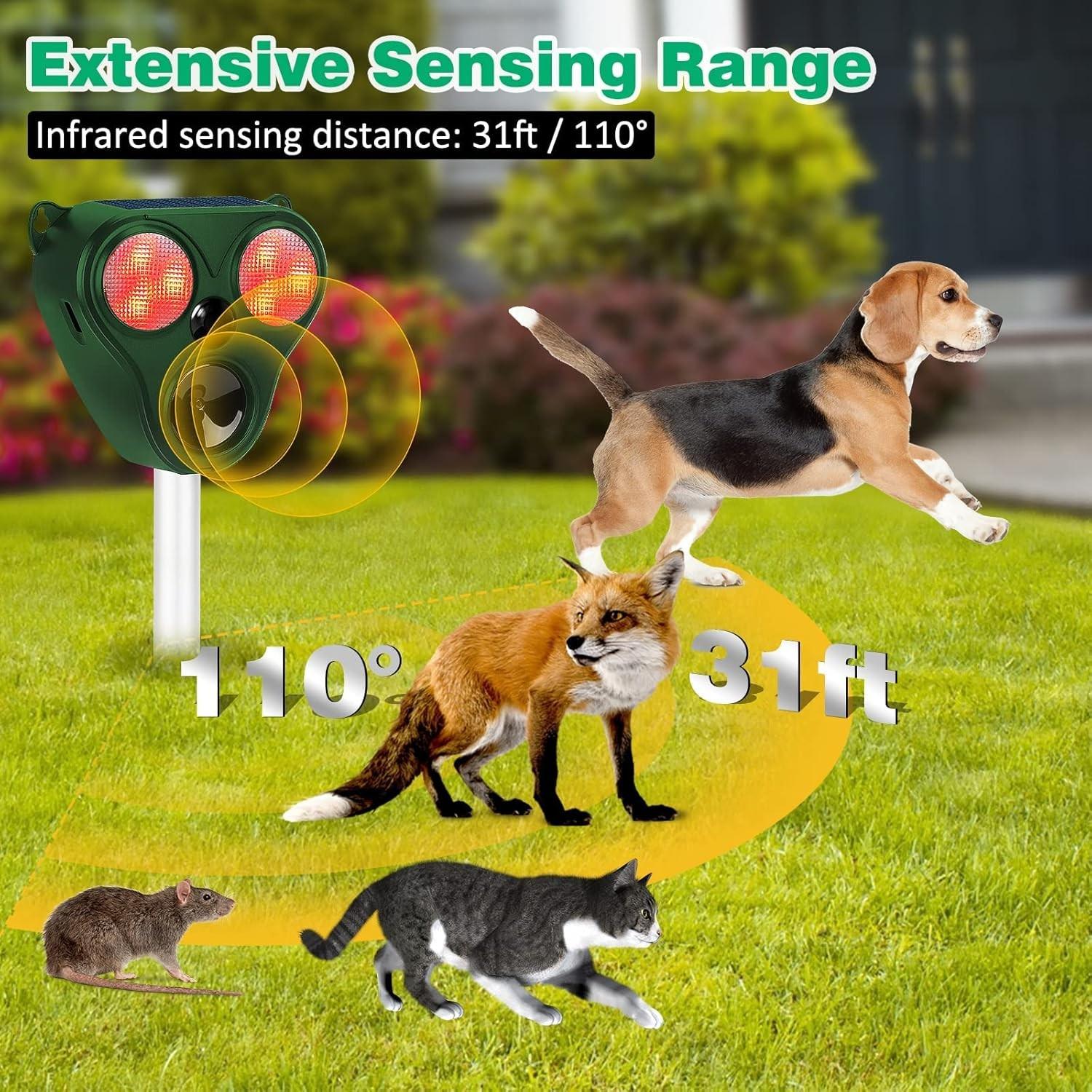 Solar Animal Repeller, Ultrasonic Deterrent with LED Strobe Light, Motion Sensor for Yard Garden Farm, Keep Deer Raccoon Fox Cat Dog Bird Away
