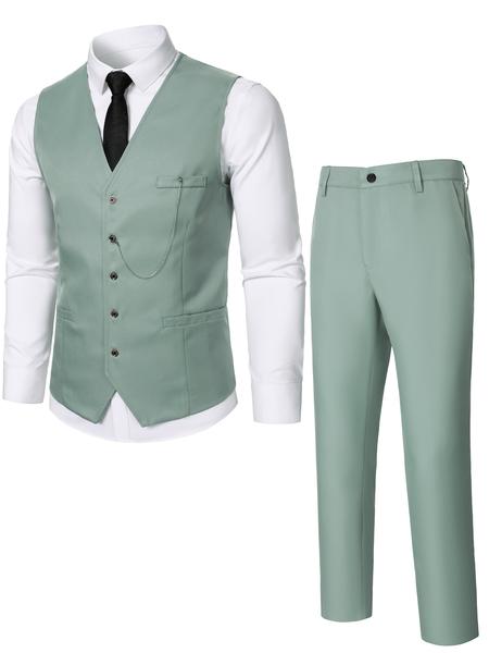 Two-Piece Set Men's Solid Button Front Suit Vest & Pocket Pants Suit Set, Chain Decor V Neck Top & Trousers, Men's Formal Outfits for Work Office Business