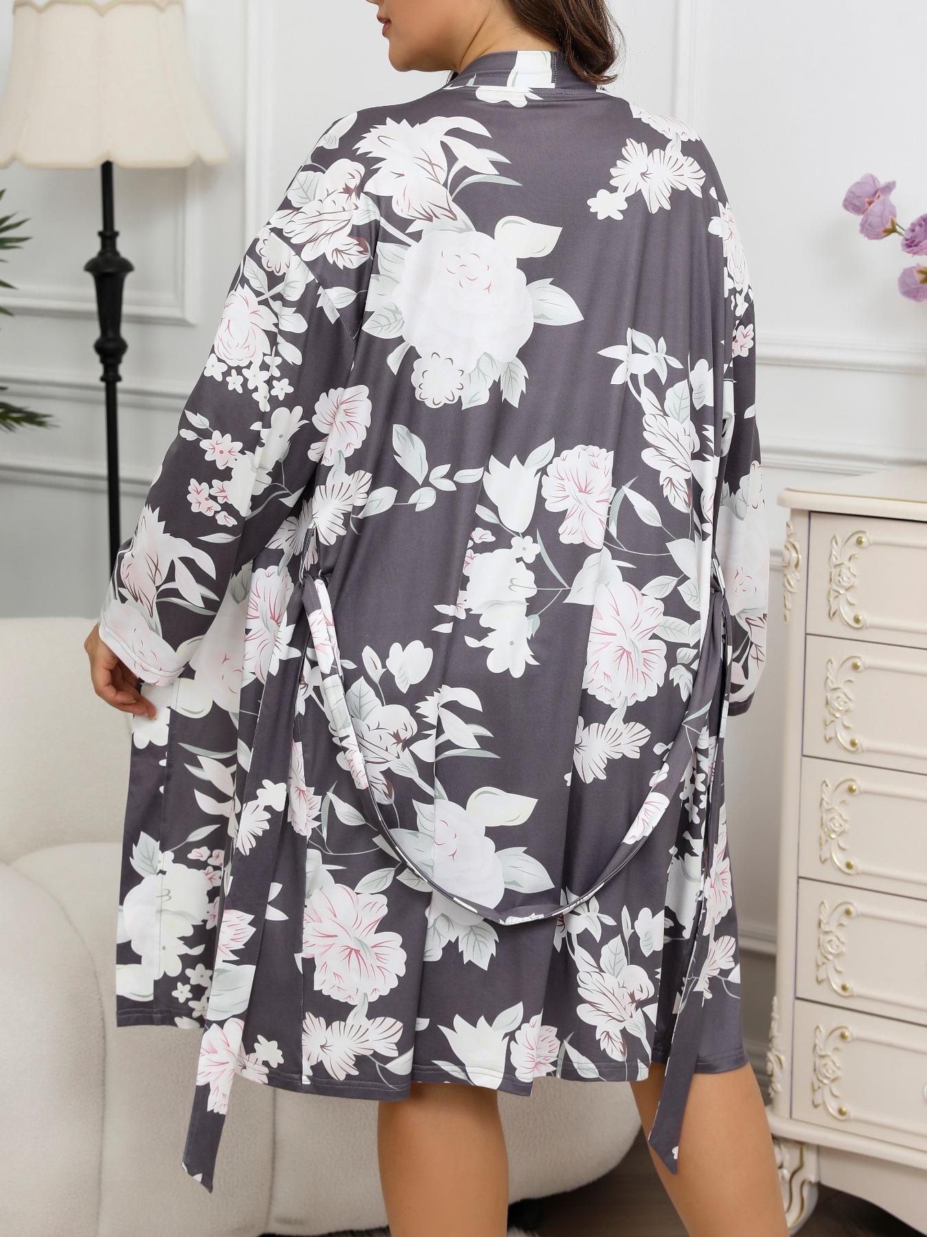 【Plus Size】 Floral Print Cami Nightdress & Bathrobe Set, Casual Soft Comfortable Nightdress & Long Sleeve Dressing Gown, Women's Sleepwear for All Seasons, Casual Comfy Nightdress