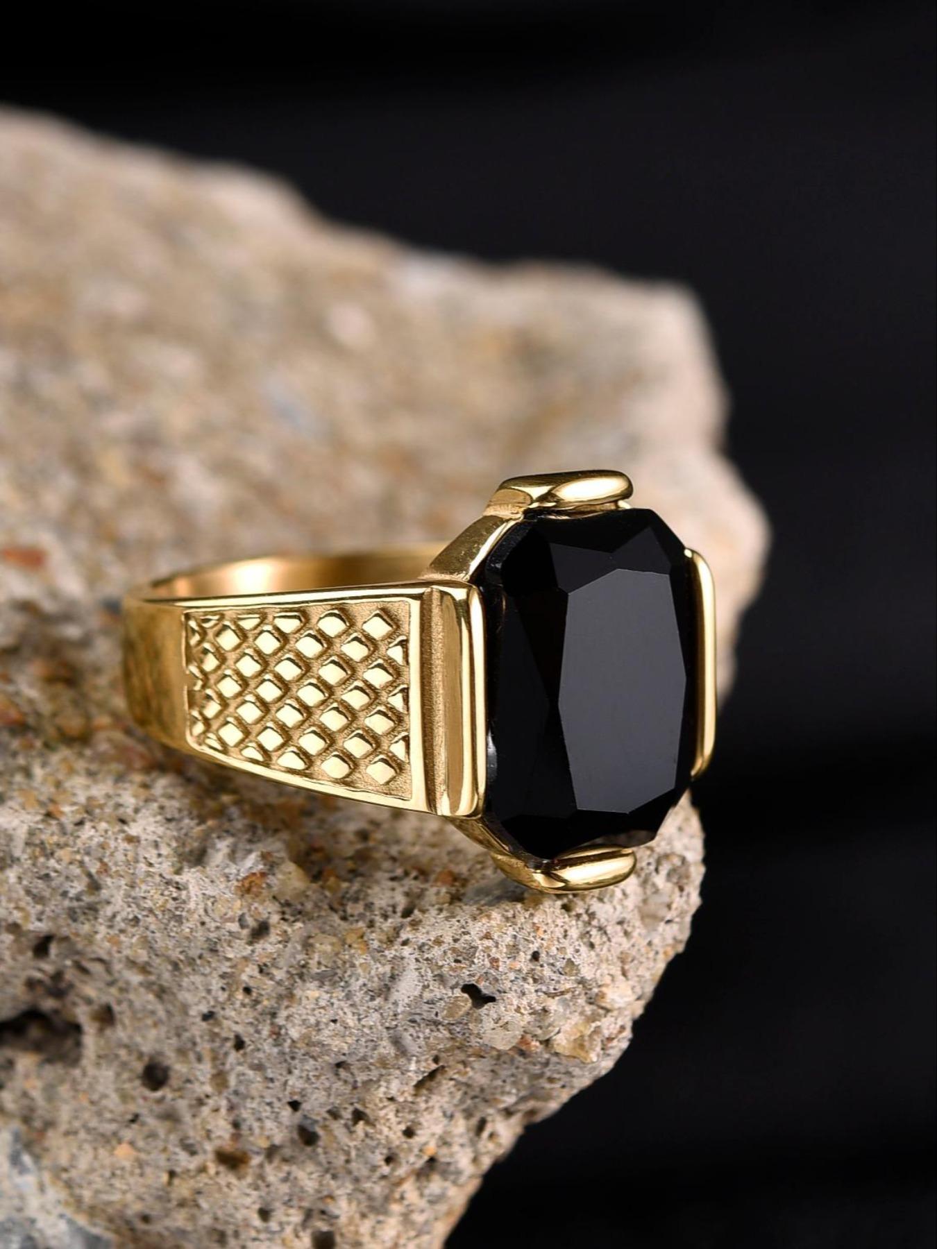 Business Style Men's Blue Ring, 316L Stainless Steel, 18K Gold Plated, Inlaid with Rectangle Agate