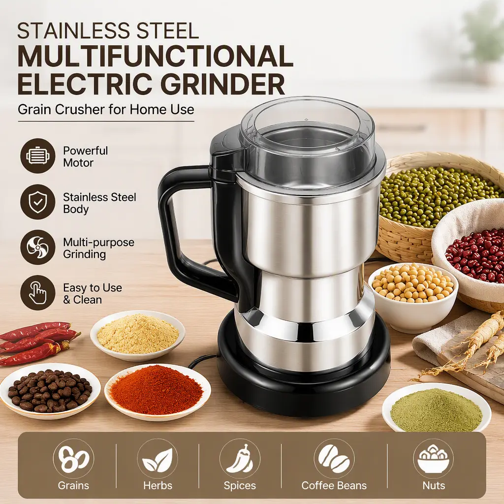 Stainless Steel Multifunctional Electric Grinding Machine, Household Grain Spice Dry Grinder Crusher, Compact Electric Milling Tool for Home Daily Dry Food Processing
