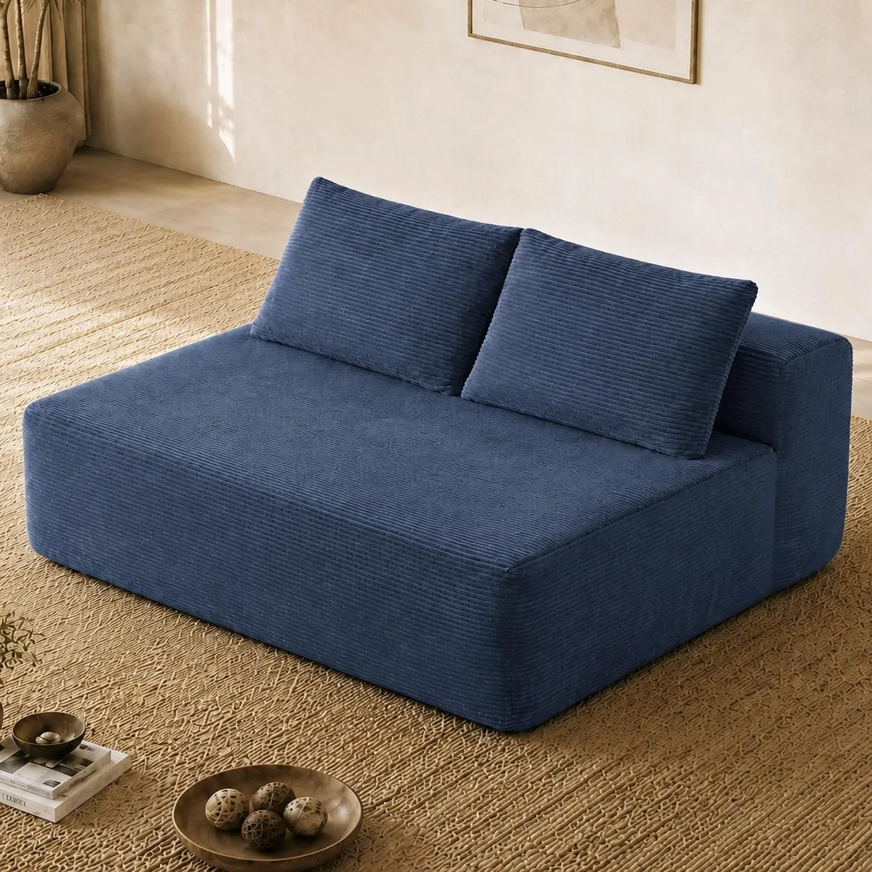 58 Inch 2 Seat Sofa Couch with Cup Holder, Plush Blue Velvet Fabric Double Chaise Lounge for Living Room, No Assembly Required