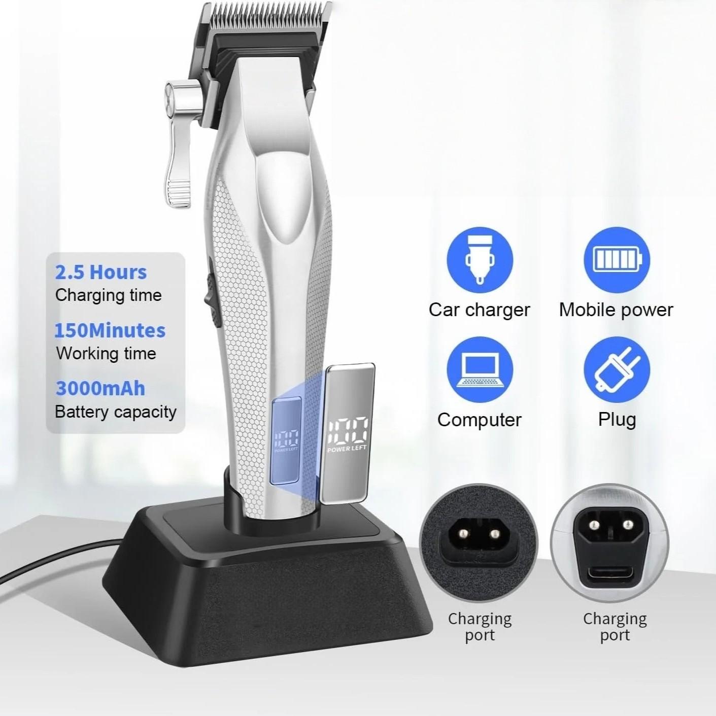 Km New Metal Silver Color Electric Hair Trimmer Set, Km-1798 Main Push + Km-3023-702 Carving Hair Trimmer, Wireless Fast Charging
