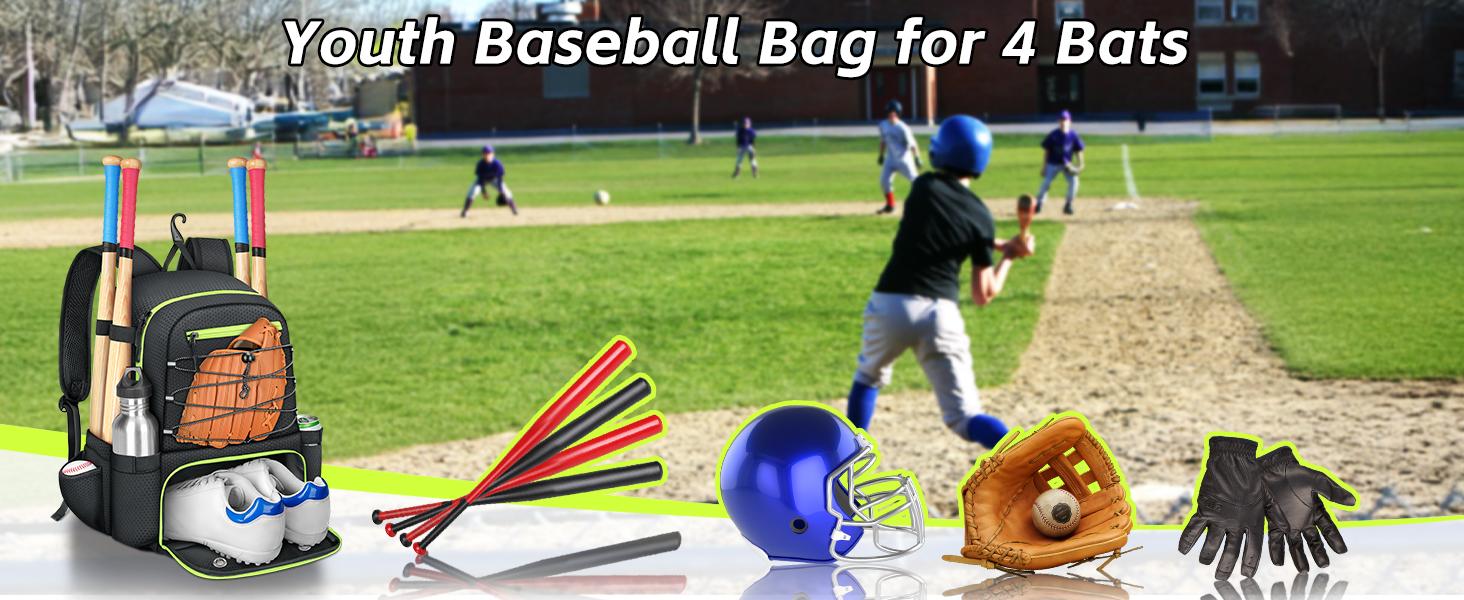 MATEIN Baseball Bat Bag for 4 Bats with Ball Pocket, Lightweight Youth Baseball Backpack with Shoe Compartment, Large Capacity Softball Equipment Bag with Fence Hook for TBall Gear, Helmet, Glove