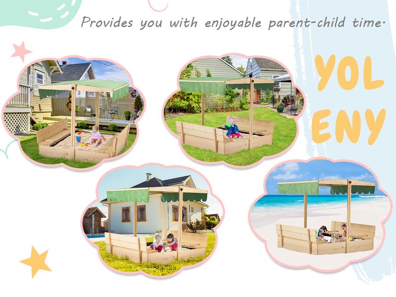 Sandbox with Lid, Kids Sandbox with Cover and Height Adjustable Roof, Outdoor Sandbox with Foldable Bench Seats and Sand Protection Liner for Aged 3-8, Perfect for Backyard Fun , Beach, Lawn Wooden Playtime