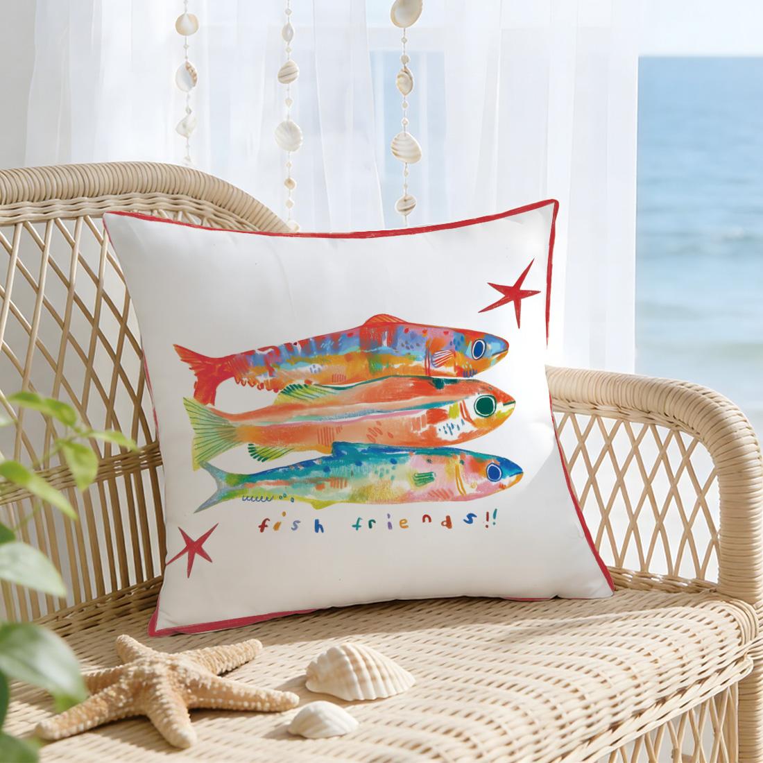 Three Fish Colorful Illustration Pillow Cover, Single-Sided Print, Home Decor for Living Room Bedroom, No Insert Included