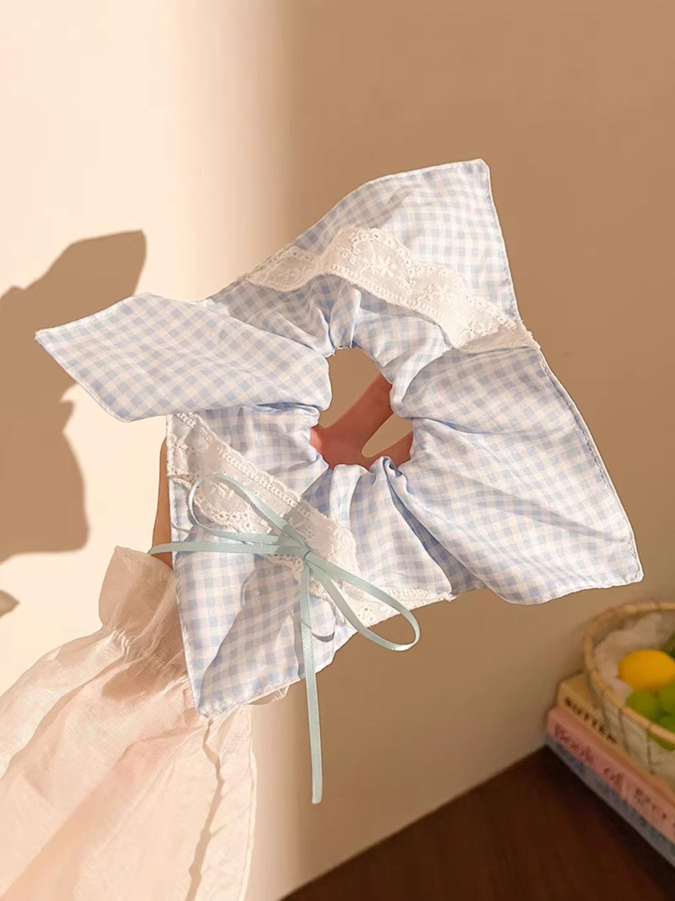 Fresh Sweet Lace Bow Plaid Square Scarf Hair Elastic, Girls' Ponytail Headband, Fashionable Versatile Hair Accessory, All Seasons