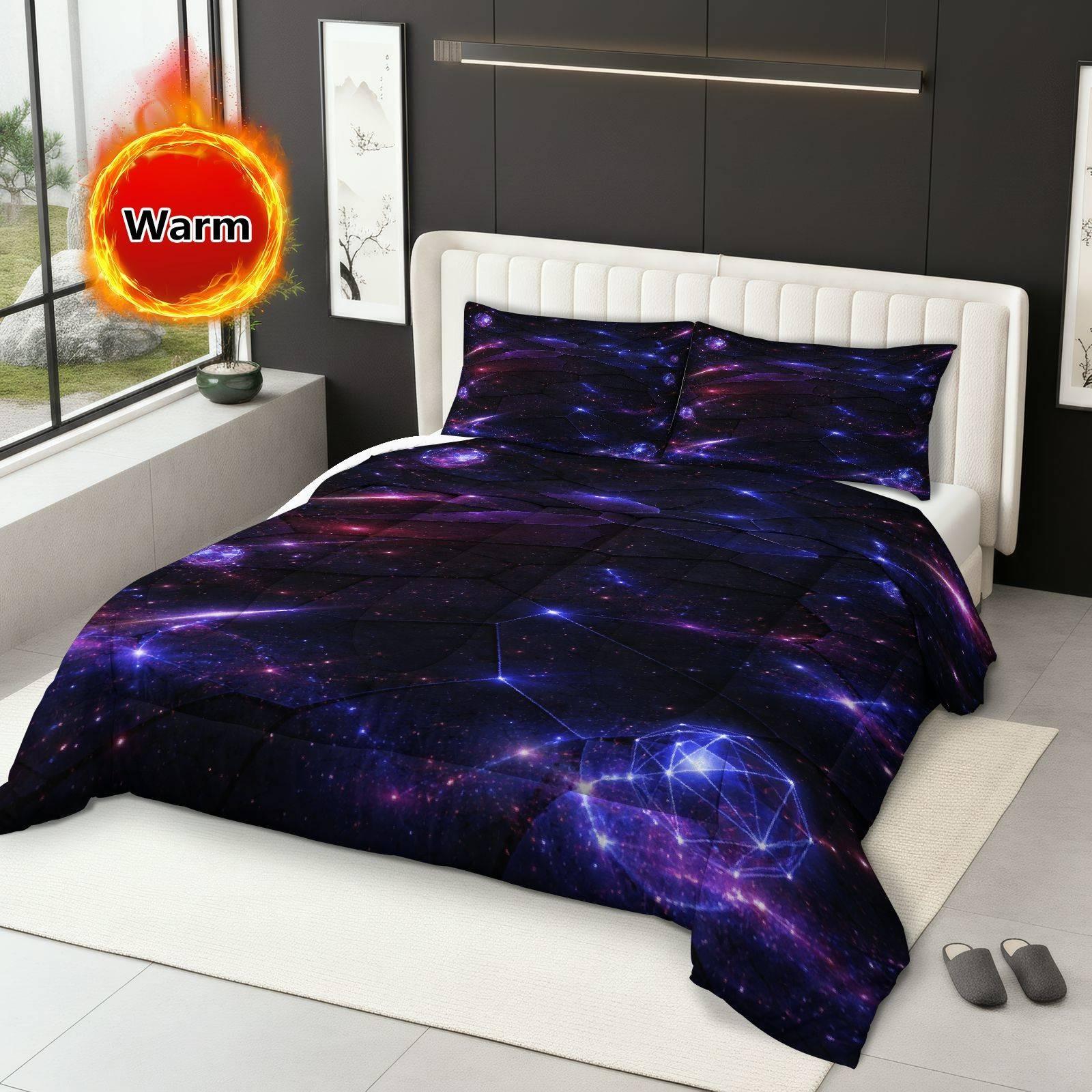 Galaxy Starry Sky Bedding Set, Soft Breathable Polyester, Includes 1 Quilt and 2 Pillowcases, Universe Theme
