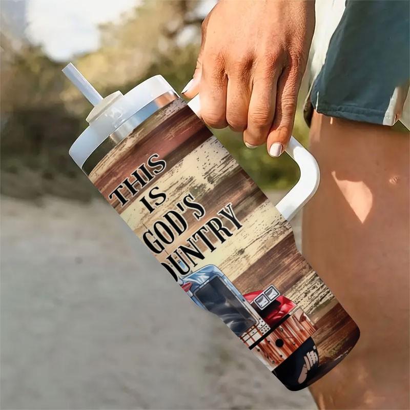 1pc 40oz American Truck Theme Insulated Cup with Handle, Stainless Steel Flag Cup, Straw Cup, Patriotic Gift for Truck Drivers