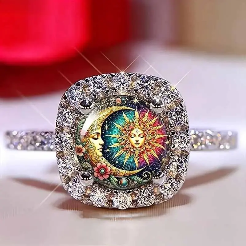 Unisex Celestial Sun Moon Star Ring with Rhinestone Crystal Frame, Vintage Inspired Statement Jewelry, Adjustable Artistic Ring for Daily Wear & Special Occasions, Unisex Wear,sohochic