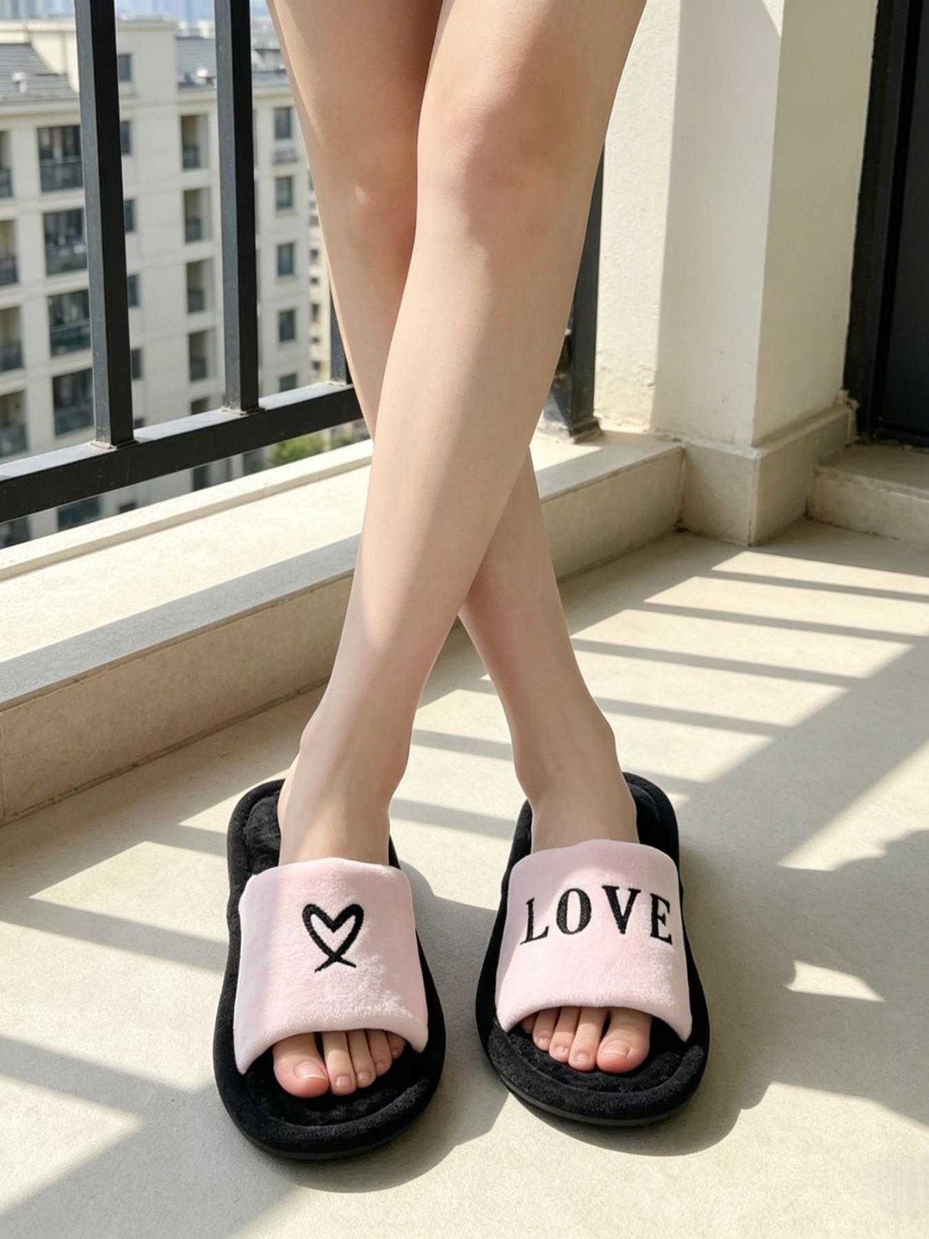 Love Heart Plush Slip-On Shoes, Soft Plush Upper, Love Letter & Heart Embroidery, Thick Anti-Slip Sole, Open-Toe Home Slippers