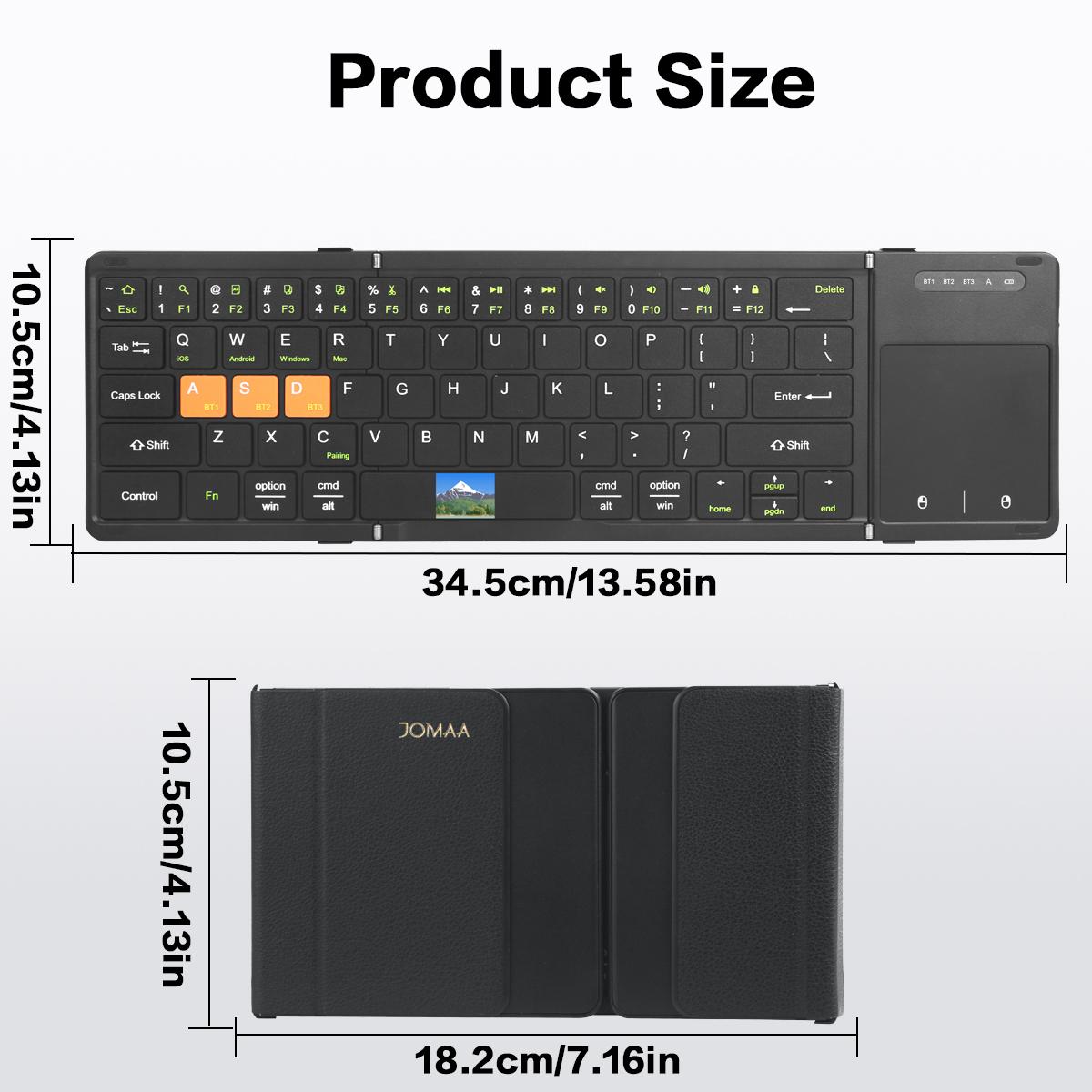JOMAA Portable Tri-Foldable Bluetooth Keyboard with Touchpad Bluetooth Wireless Rechargable Keyboard Supports Multi-Device Keyboard for Windows/Android/iOS