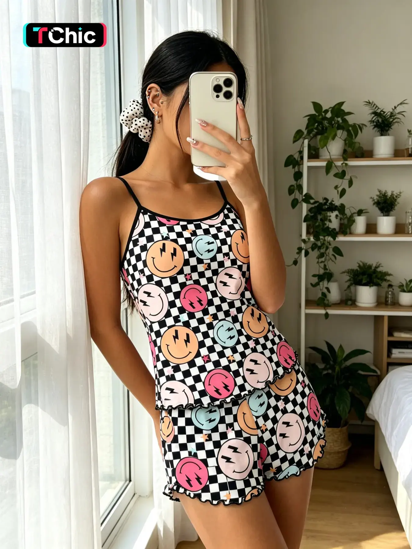 Checkered Colorful Smile Print Tank Top Pajamas Set, Trim Ruffle Design, Sweet Cool Girl Style, Breathable Home Sleepwear