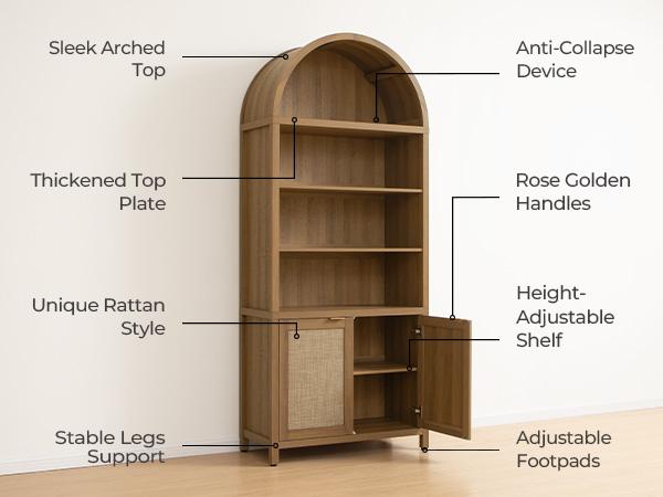SICOTAS Book Shelf Arched Cabinet Bookshelf Arch 84.2" Tall Bookcase 5 Tier Large Bookshelves with Doors Storage Rattan Boho Wide Book Shelves Case for Living Room Kitchen Office Bedroom Library, Robust and Durable SICOTAS Book Shelf Arched Cabinet Bookshelf Arch 84.2" Tall Bookcase 5 Tier Large Bookshelves with Doors Storage Rattan Boho Wide Book Shelves Case for Living Room Kitchen Office Bedroom Library, Robust and Durable