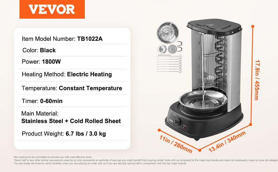 VEVOR Shawarma Grill Machine, Vertical Chicken Shawarma Cooker Machine Countertop, Electric Stainless Steel Broiler Gyro Rotisserie Oven Doner Kebab Machine, for Home Restaurant Kitchen Parties