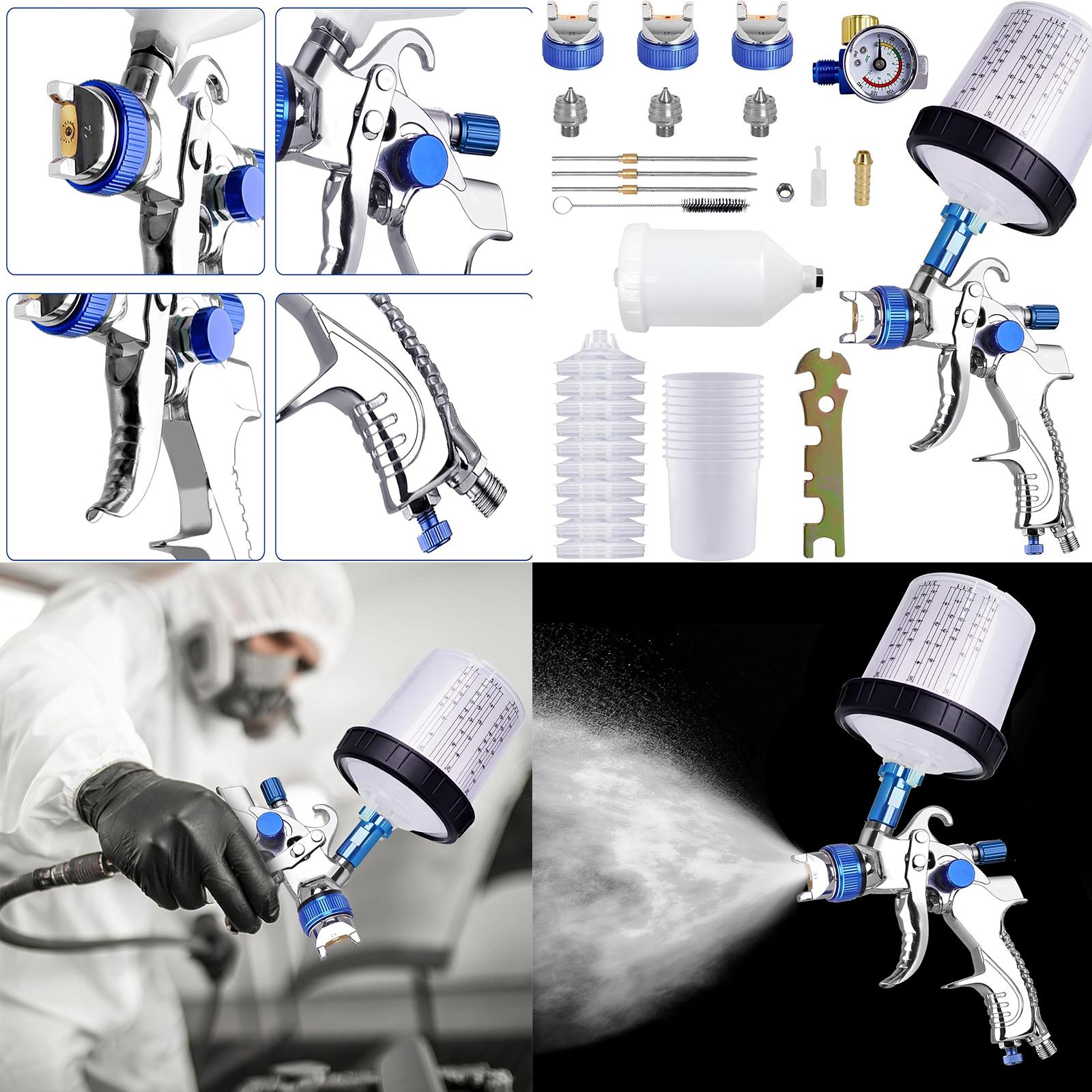 HVLP Paint Sprayer With 10pcs 600ML Mixing Quick Cup, Spray Paint Gun Set Contain 3 Nozzles 1.4/1.7/2mm &Pressure Gauge, Sprayer Gun For Car Painting, Furniture Surface Spraying (Blue Set)