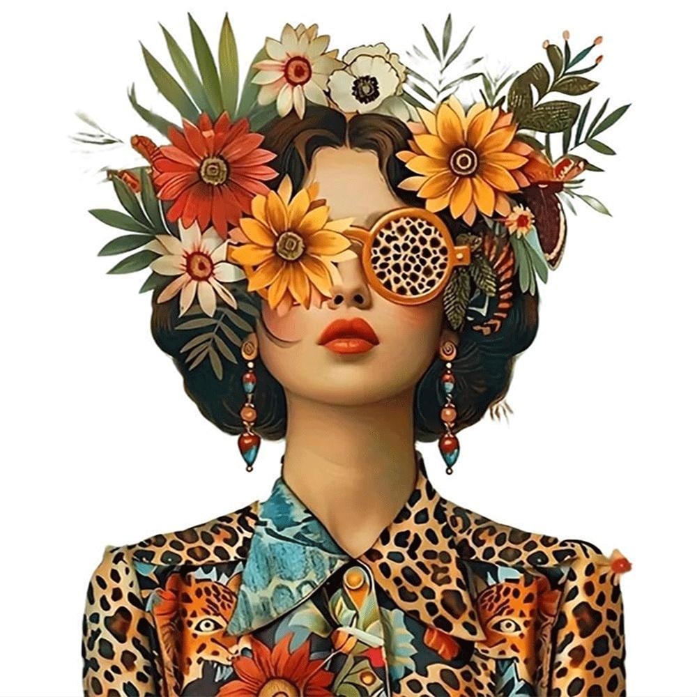 1PC 5D diamond painting 2D flat printing Diamond Painting Kit for Adults DIY Flower Leopard Print Art Home Decor with Sunflower Headpiece Design Rhinestone Embroidery Craft Supply