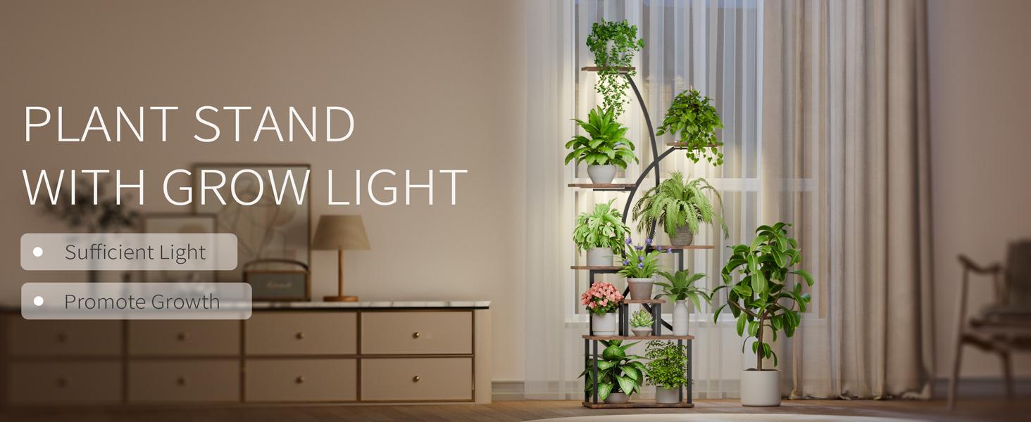 Artistic Plant Stand with Adjustable Grow Light,Baking Paint Waterproof Metal Flower Rack Organizer,Standing Storage Display Shelf, Wall Installation for Decoration