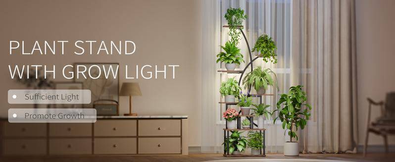 Artistic Plant Stand with Adjustable Grow Light,Baking Paint Waterproof Metal Flower Rack Organizer,Standing Storage Display Shelf, Wall Installation for Decoration