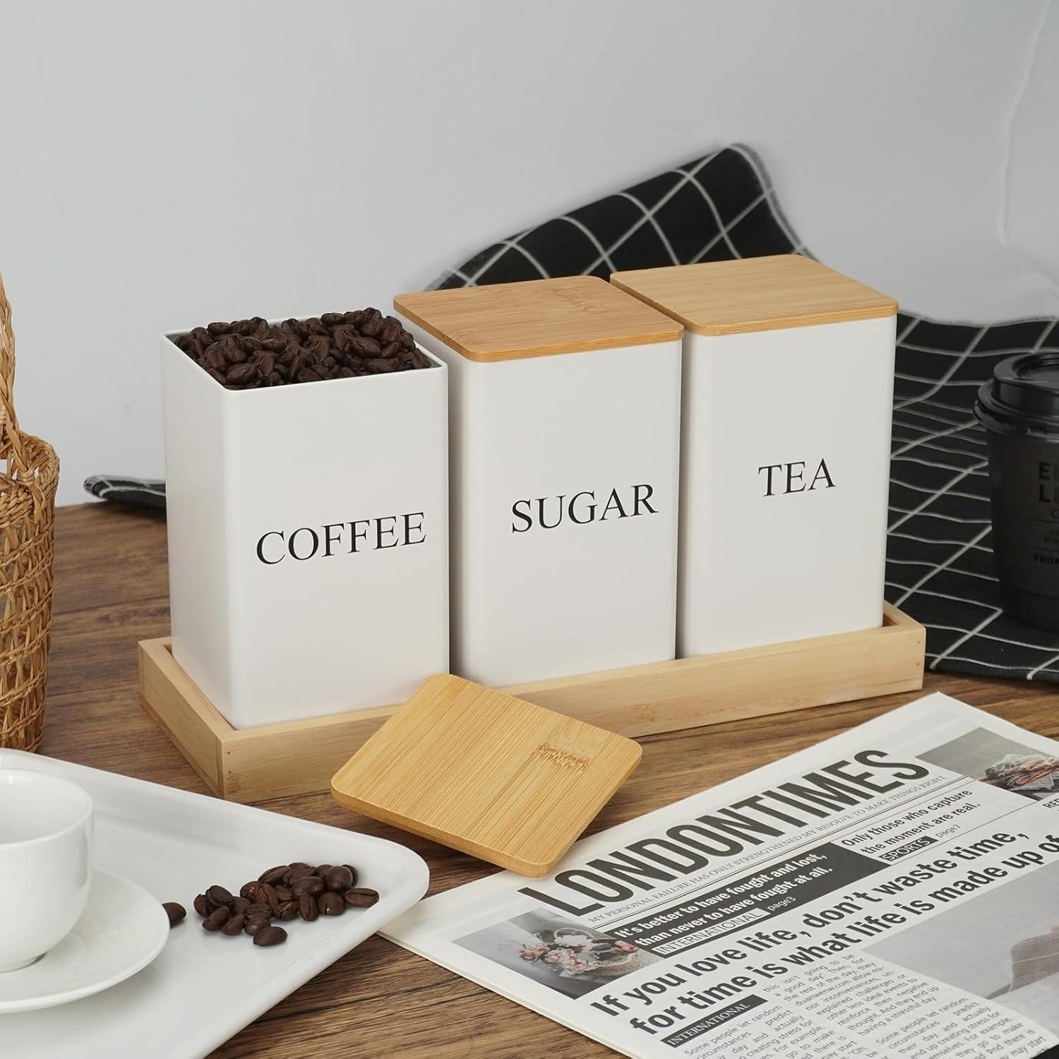 3-Piece Metal Tea Coffee Sugar Canisters with Wooden Lids, Kitchen Storage Containers, or Home Organization, Daily Use Gift