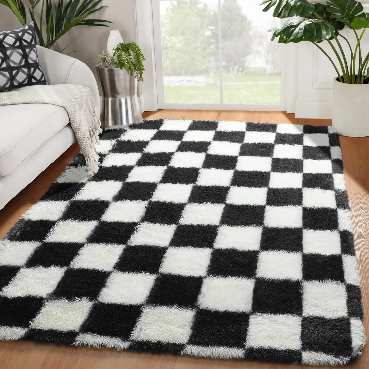 Area Rugs for Bedroom Living Room, 4x6 Black and White Fluffy Soft Checkered Rug Fuzzy Shag Shaggy Carpet, Indoor Plush Floor Rugs for Kids Boys Girls Teen Dorm Nursery Home Decor Aesthetic