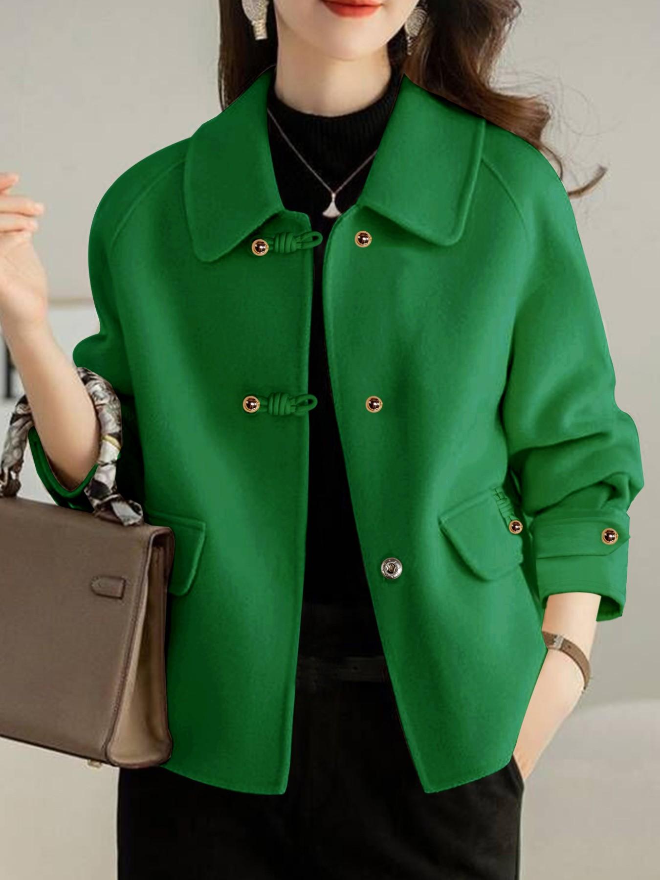 French Fashion Women's Autumn Winter Thicken Woolen Coat, Ladies Short Jacket, Elegant Casual Loose Double-Sided Floral Tweed Long Sleeve Pockets Outerwear