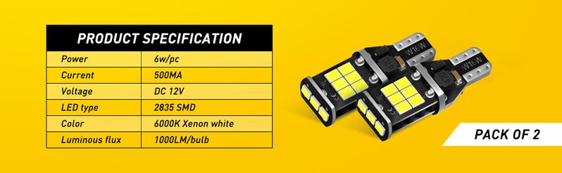 AUXITO 912 921 LED Bulb for Backup Light Reverse Lights High Power 2835 15-SMD Chipsets Error Free T15 906 922 W16W Bulbs, 6000K White Daytime Running Lights (Upgraded, Pack of 2)