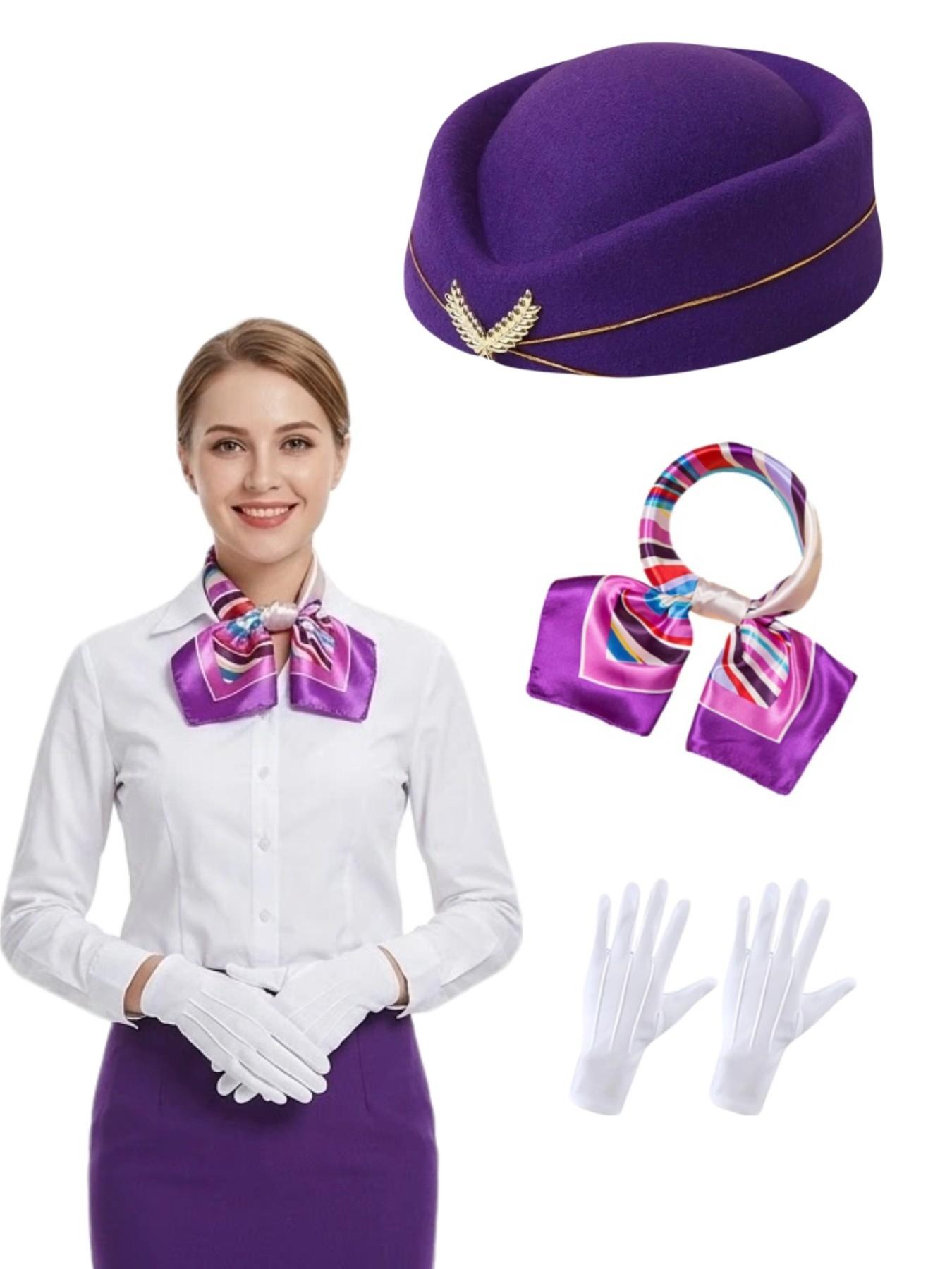 3-Piece Holiday Flight Attendant Costume Set for Women, Includes Hat, Scarf, Gloves, Perfect for Role Play, Vintage Stewardess