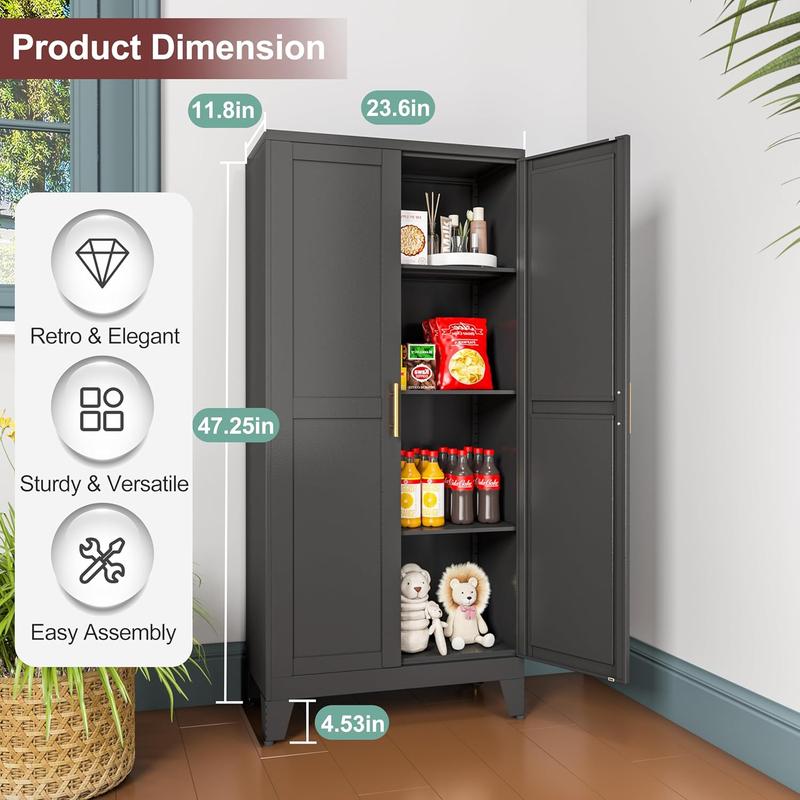 Geitin 47.25" Kitchen Metal Pantry Cabinet with 2 Doors, Adjustable Shelves, Gold Handles, Versatile Storage for Laundry Room,Living Room,Bathroom,Dinning Room
