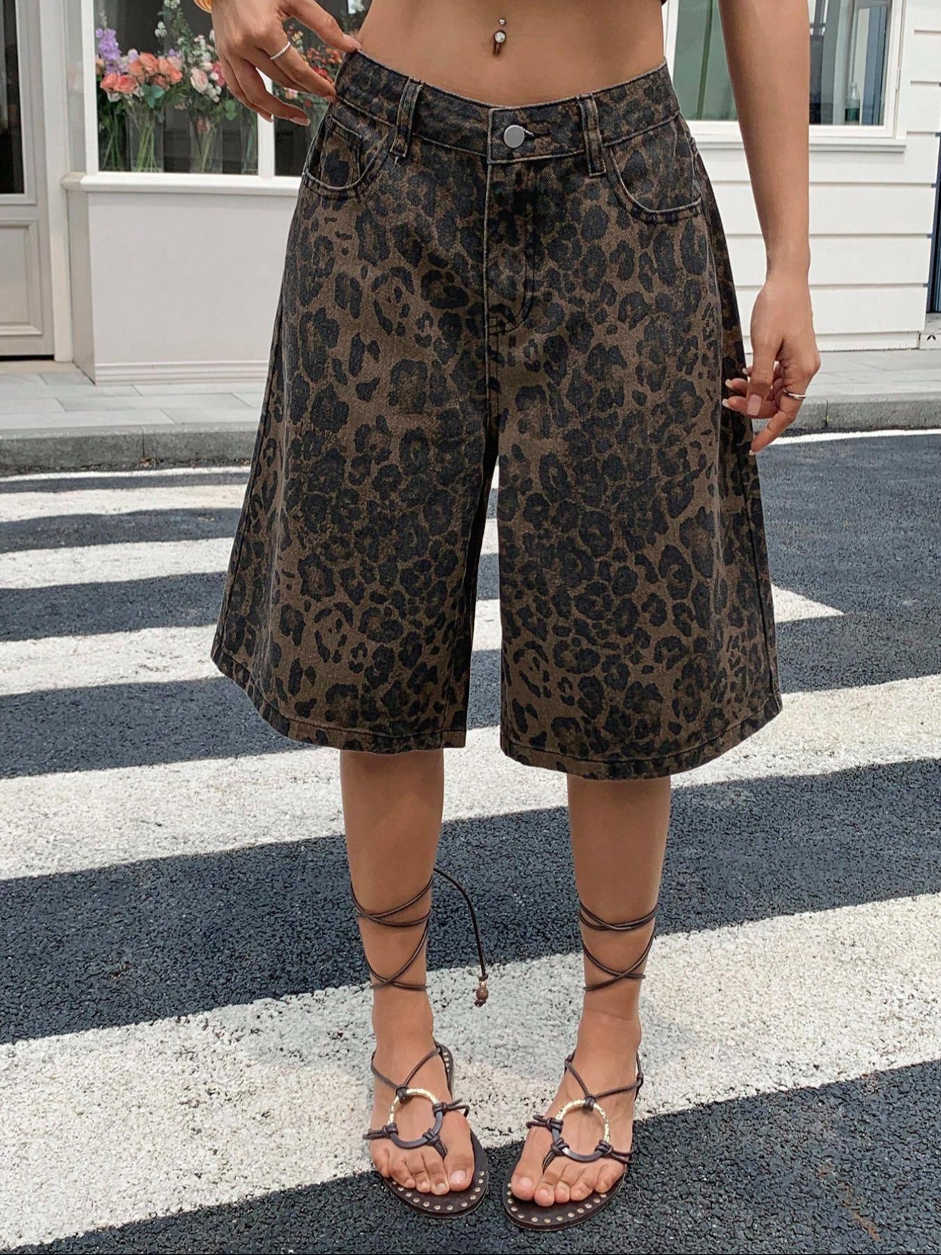 Trendy New Leopard Print Denim Jeans, Fashionable Street Style, Spring Summer Youthful Look, Women's Mid-Calf Jeans, Button Fly Closure