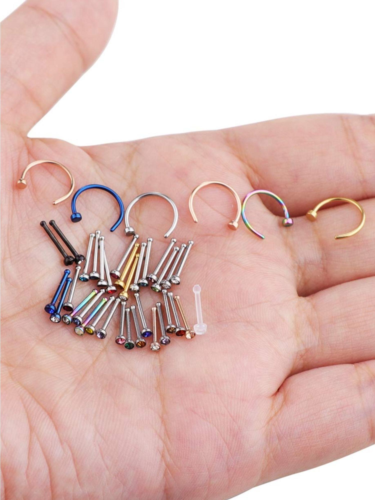 50 Pcs Colorful Classic Nose Piercing Set for Women Men Simple Fashionable Jewelry Options Assorted Collection Sparkling CZ Nose Studs Curved Nose Rings Discreet Clear Acrylic Retainers for Multiple Occasions Daily Wear Parties Vacations Formal Events