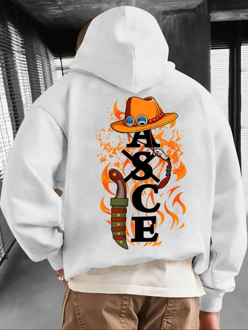 One Piece Anime Graphic Oversized Streetwear Hoodie for Men, Comfortable Casual Pullover with Flame Print for Otaku & Street Fashion Enthusiasts