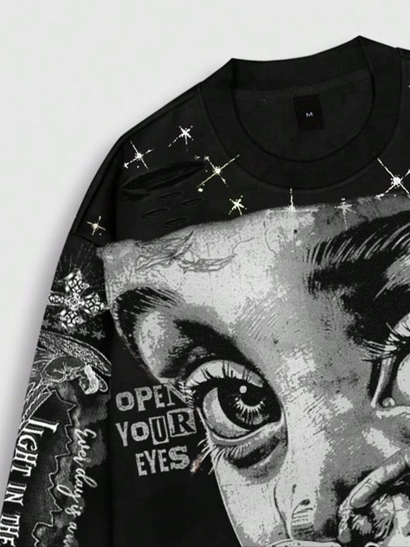 Men's Vintage Casual Streetwear Street Style Saint Print Long Sleeve Round Neck T-Shirt, Loose-Fitting Short Fit, Fall 2000s Fashion