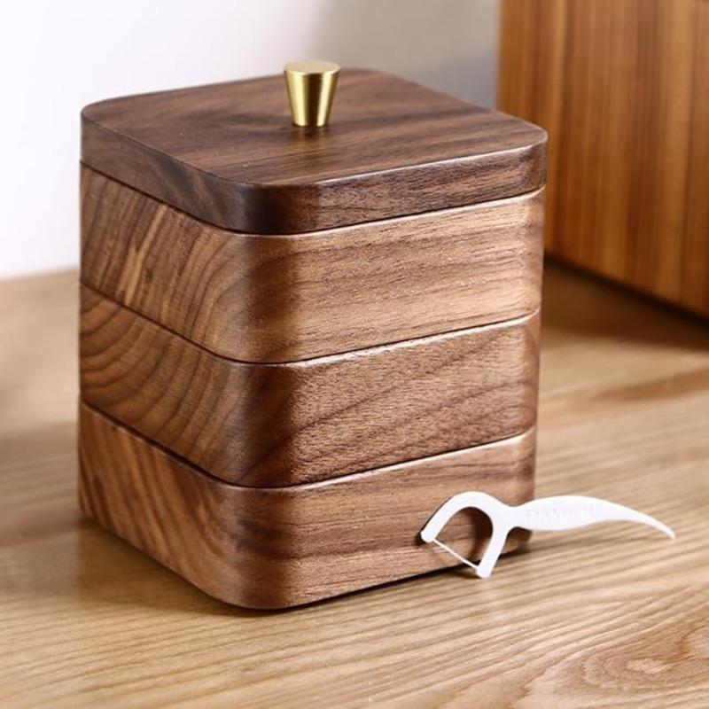 Three Layer Wooden Dental Floss Storage Box, Square Toothpick Container, 9.6*9.6*12cm, Ideal for Home and Restaurant Use