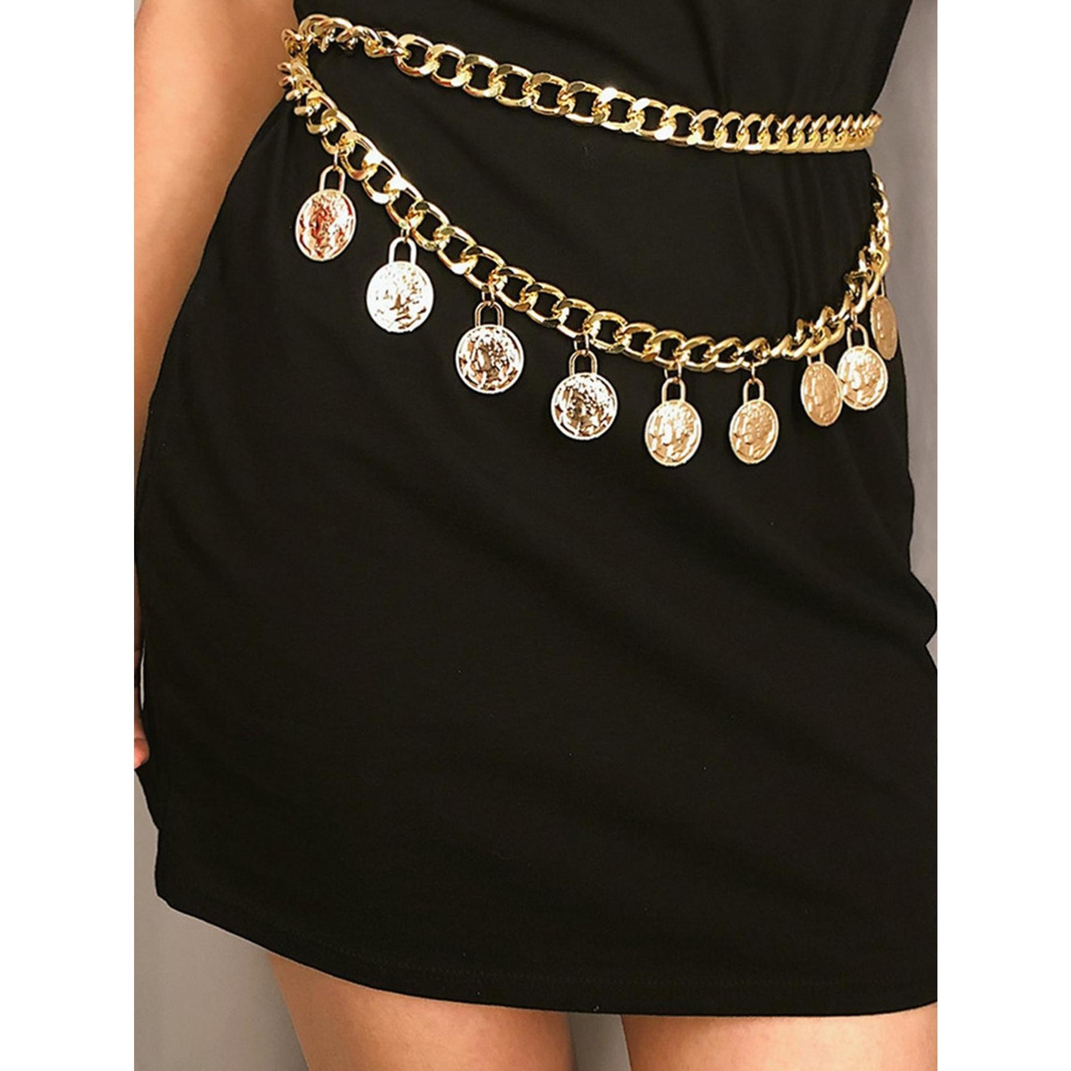 Gold Coin Belt Pirate Coin Metal Belt Chain Waist Chain for Women Fashion Plus Size Gold Waist Chains Waist Belts Layered Body Chain Pirate Waist Chain Jewelry for Women Chunky Trendy Belly Belts for Women  Dress Pirate Costume Women Accessories