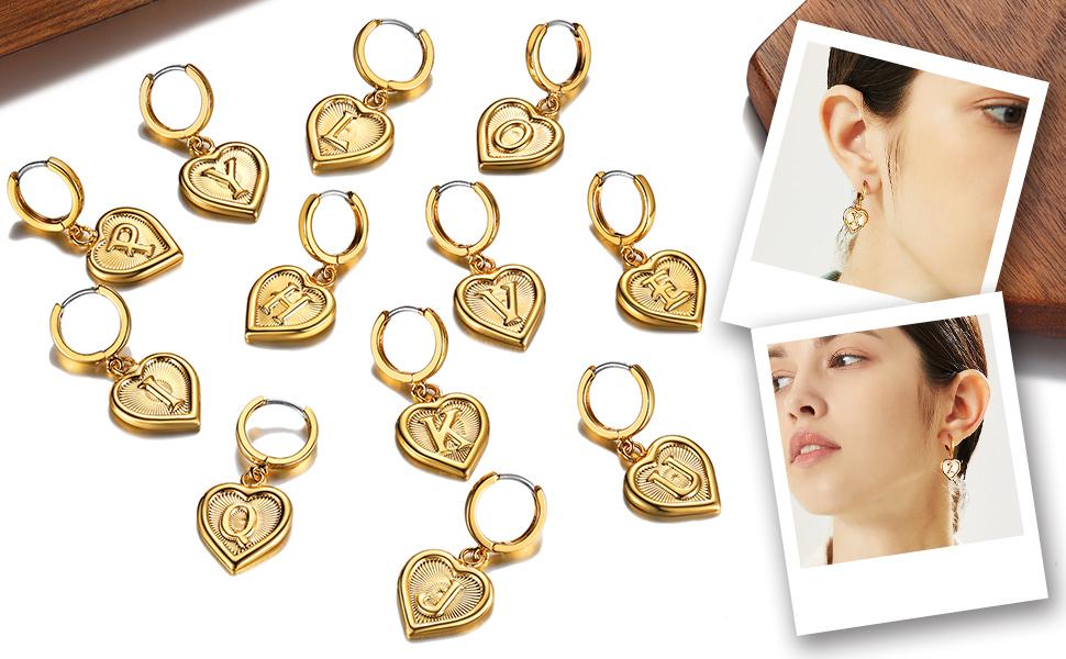 FindChic Heart Shape Initial Earrings with Letter Pendant 13mm Small Hoop Retro Style Fantasy Fashion Cute Jewelry For Women Girlfriend Birthday Anniversary Wedding Christmas Holiday Gift