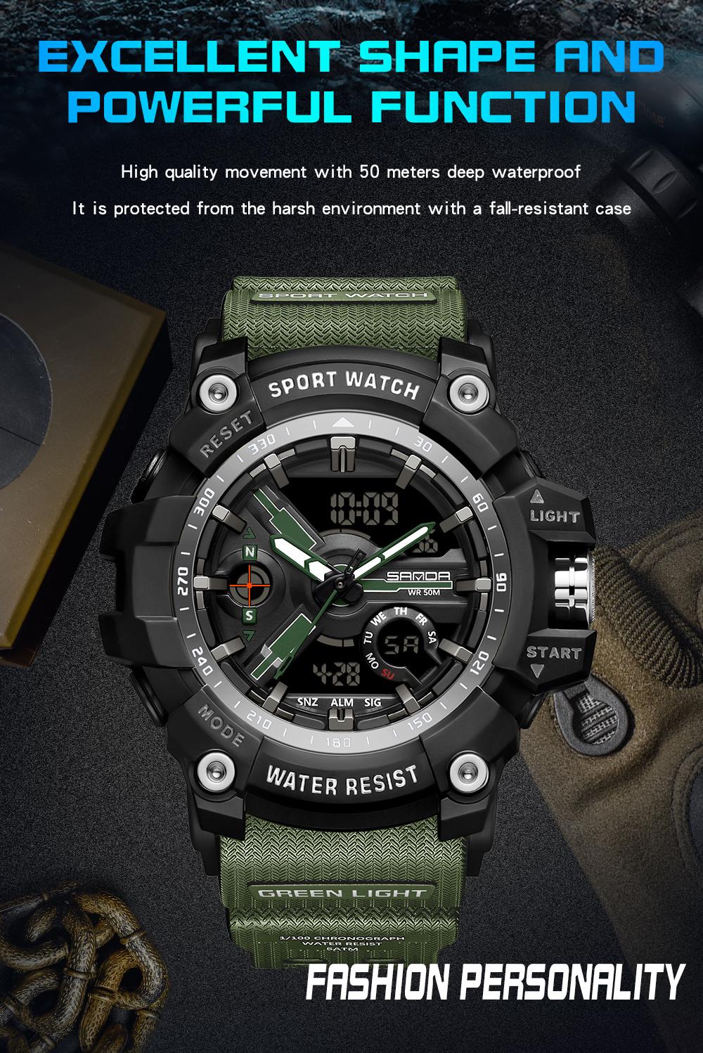 SANDA 3179 for Male Clock shock New Sports Men's Military Watch Waterproof Wristwatch, Men's Sportive Analog-digital Quartz Watch, Water resistant watch with Luminous & Alarm & Calendar Function, with Box
