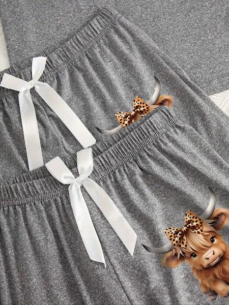 Cartoon Highland Cow Print Women's Pajama Sets, Casual All Seasons Nightwear, Fitted Knitted Fabric Sleepwear